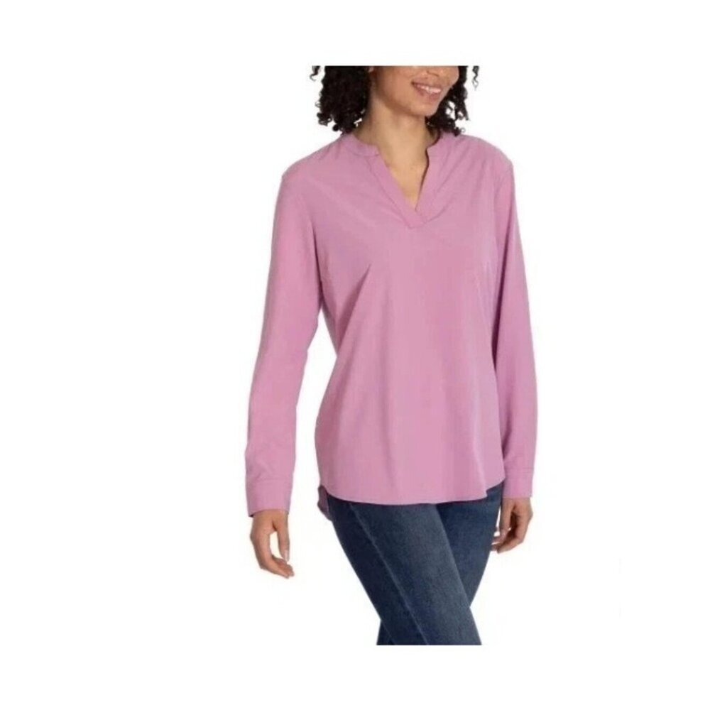 NWT REV Women's Size S Pink Long-Sleeve V-Neck Blouse J2126